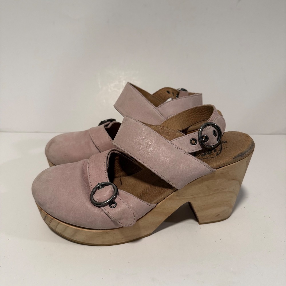 Free People Womens Park Circle Clogs 38 Pink Suede Wooden Platform Slingback